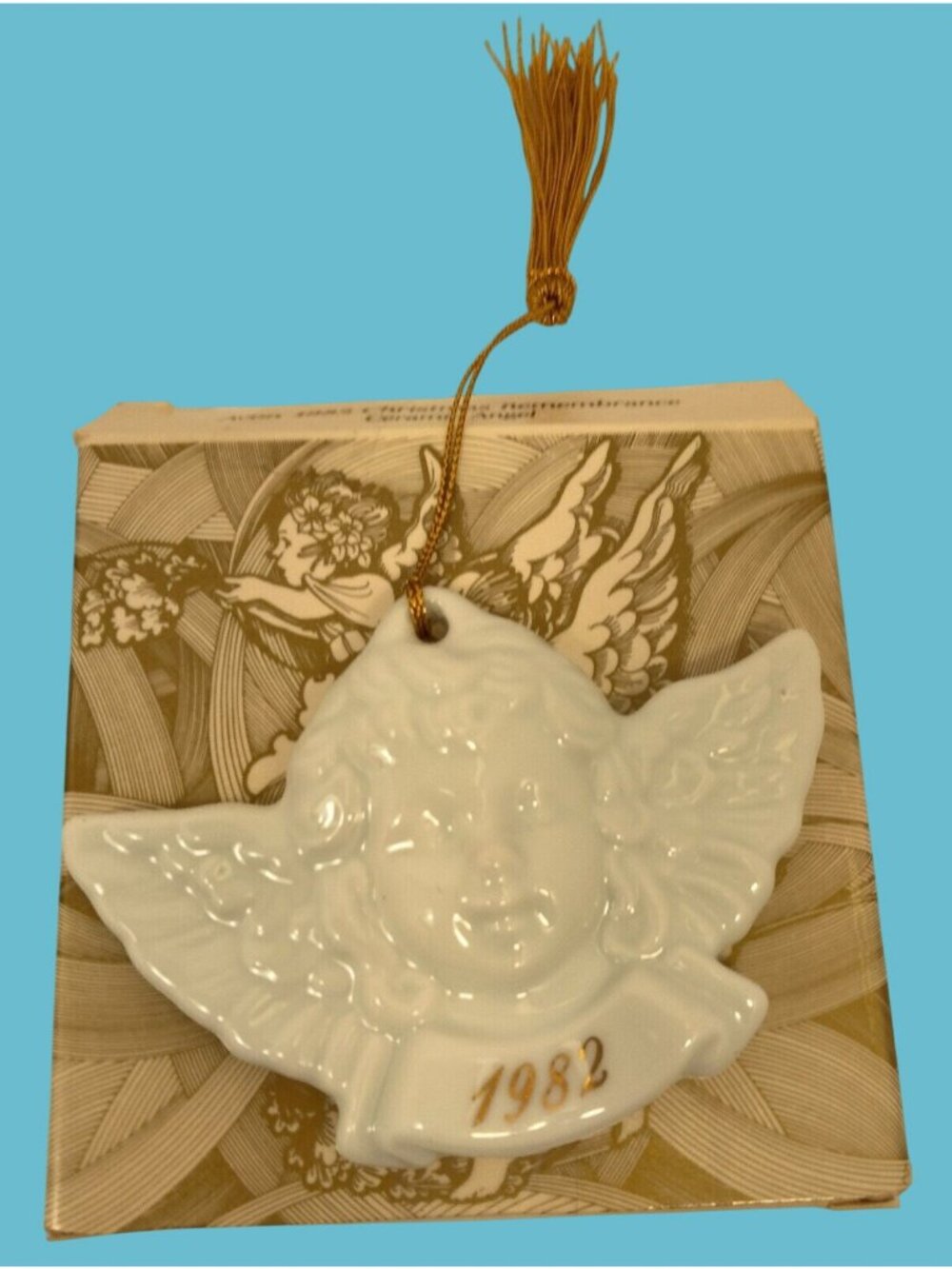 Avon Christmas Remembrance Angel Ornament 1982  Cherub 14K White Ceramic